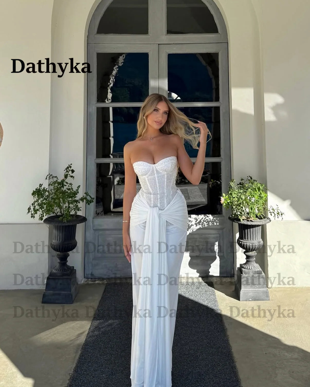 Dathyka Attractive Evening Dresses for Women Strapless White Sequin Long Silk Scarves Prom Dresses Strapless Lacing upCustomized
