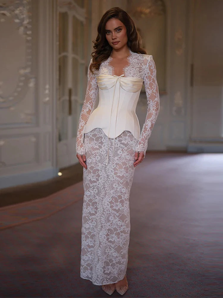 Lace Sheer Sweetheart Neck Maxi Dress Long Sleeve Corset Waist Mermaid Hem Bridal Gown 2026 Summer Elegant Form-Fitting Dresses