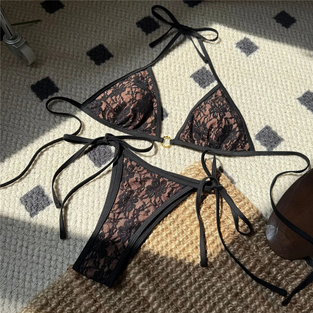 Sexy Black Lace Mesh Swimwear Halter String Triangle Bikinis Sets Mini Micro Thong Swimsuit Woman 2026 Bathing Suit Bikini Mujer
