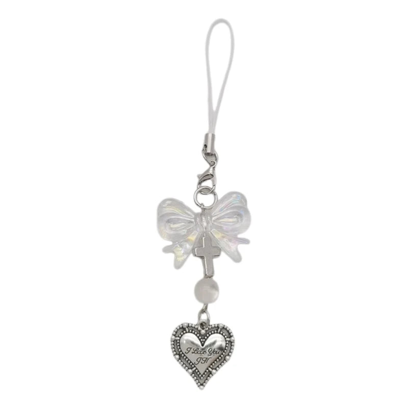 Phone Charm Strap Y2K Keychain Kawaii-Cute Pendant Jewelry Keyring Lanyard String Black Cross-Bow Beaded Chain for Women Girl