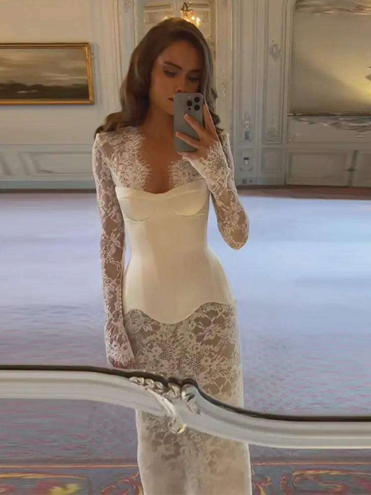 Lace Sheer Sweetheart Neck Maxi Dress Long Sleeve Corset Waist Mermaid Hem Bridal Gown 2026 Summer Elegant Form-Fitting Dresses