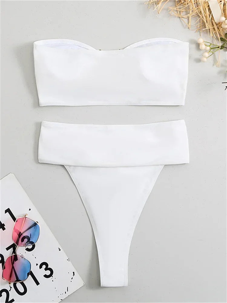 Luxury Metal Designer High Waist Bikinis Sets Women Solid White Black Bandeau Push Up Swimwear 2026 Bathing Suit Thong Swimsuit
