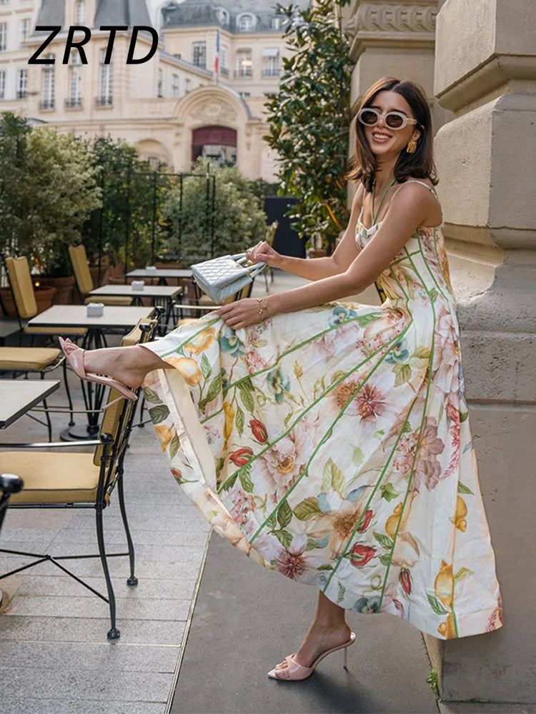 Fashion Halter Printed Sling Long Dress Women Pleat Backless Sleeveless A-line Holiday Dresses 2026 Summer Lady Contrast Robes