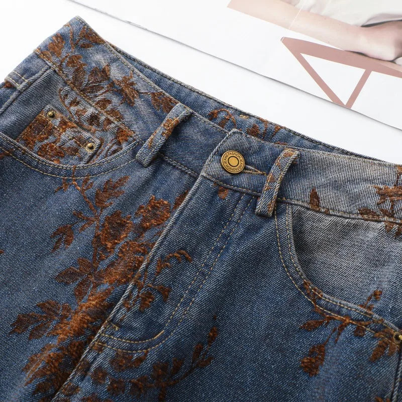 2026 Fashion Jacquard Jeans Women's Vintage Washed Denim Straight Trousers Autumn Winter Loose Casual Pants Comfy Wide-leg Jeans