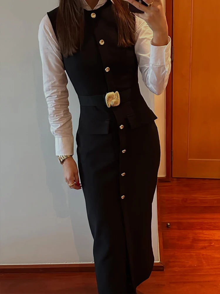 HH 2025 Women's Fashion Office Long Dress With Belt Spring O-Neck Sleeveless Midi Dress Female Elegant Party Dresses