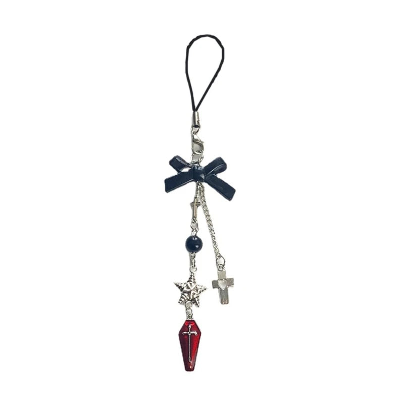 Phone Charm Strap Y2K Keychain Kawaii-Cute Pendant Jewelry Keyring Lanyard String Black Cross-Bow Beaded Chain for Women Girl