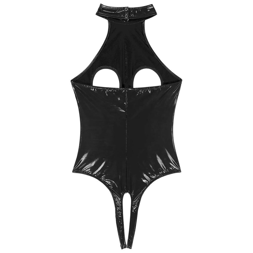 Womens Latex Lingerie Cutout Patent Leather Bodysuit Halter Neck Backless Crotchless Open Cup Teddies Leotard Erotic Clubwear
