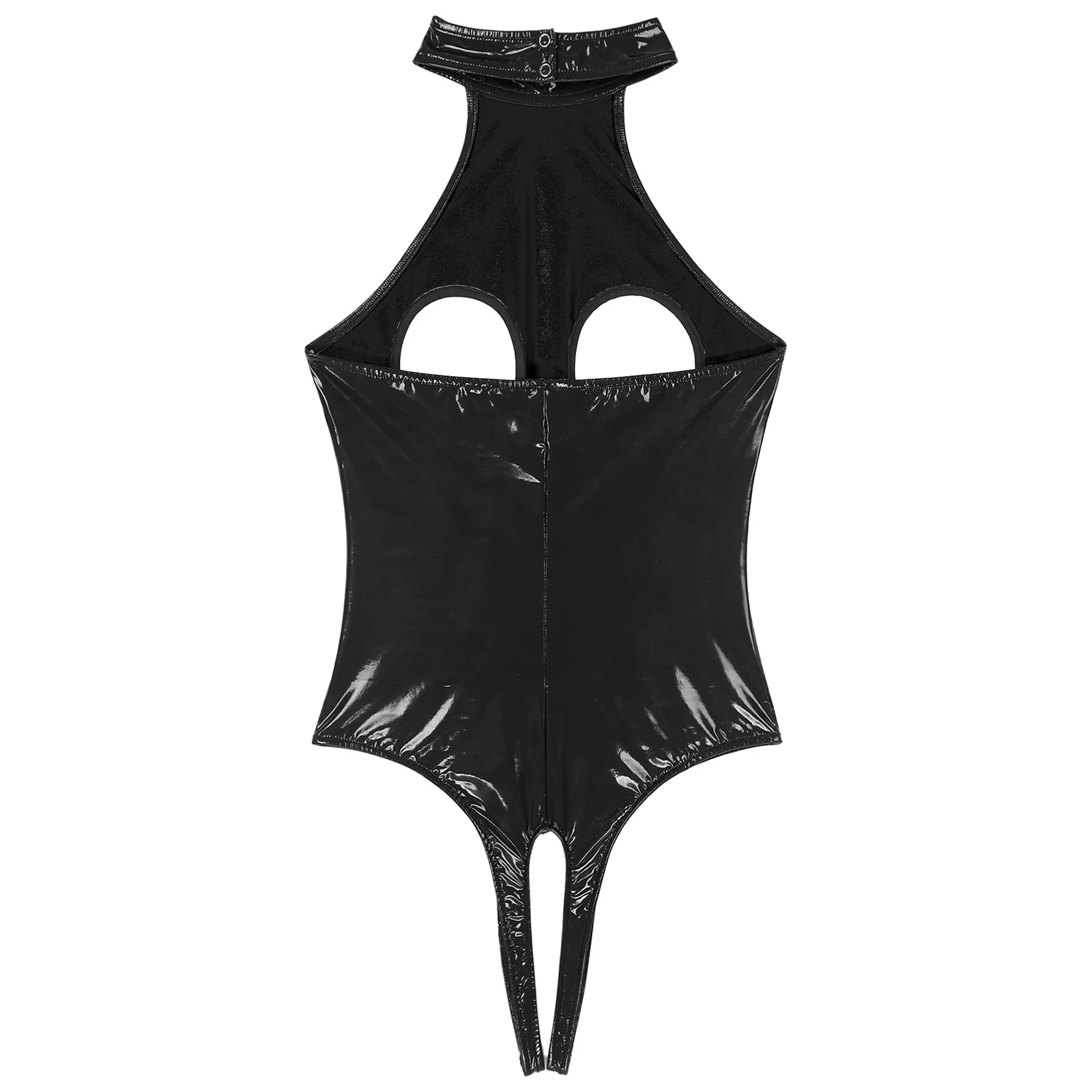 Womens Latex Lingerie Cutout Patent Leather Bodysuit Halter Neck Backless Crotchless Open Cup Teddies Leotard Erotic Clubwear