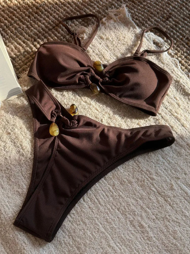 VigoCasey 2025 Sexy Strapped Swimwear Women Solid Push Up Bikini Backless High Cut Swimsuit Lady Brazilian Beach Bathing Suit