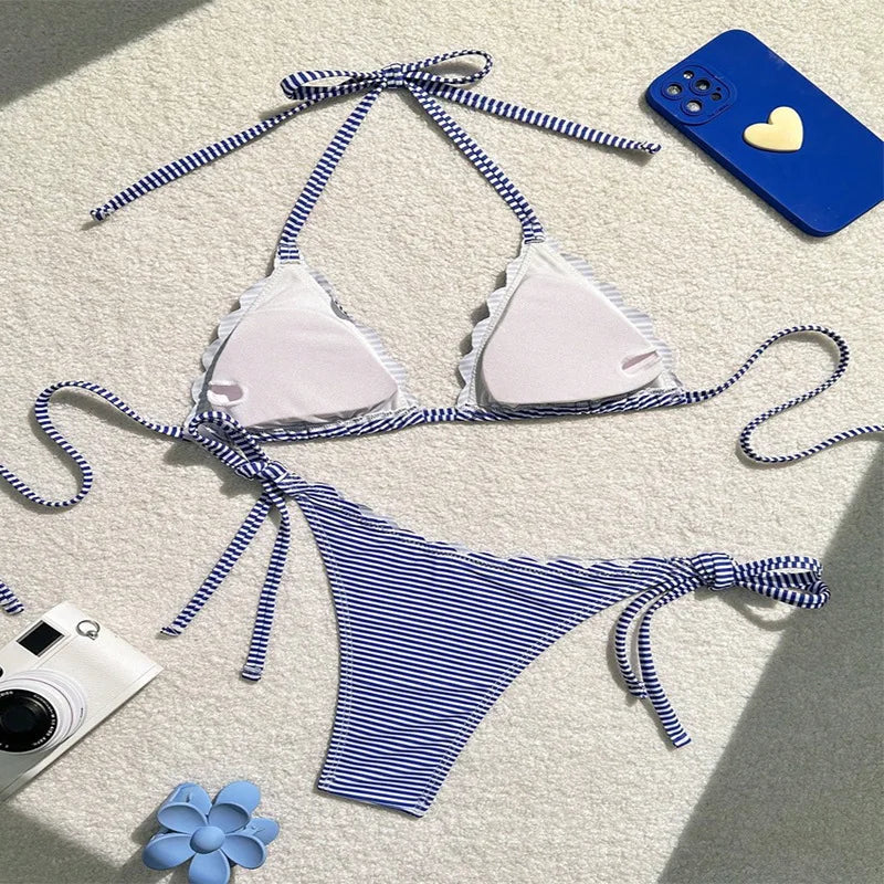 New Striped Sexy Tie-Side Bikini Set for Women, Beach Swimsuit