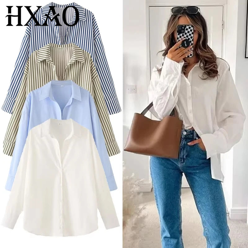 HXAO Woman 2025 Oversized Shirts & Blouses Spring Summer 2025 Woman Elegant Button Up Long Sleeve Blouses Fashion Plus Size Tops
