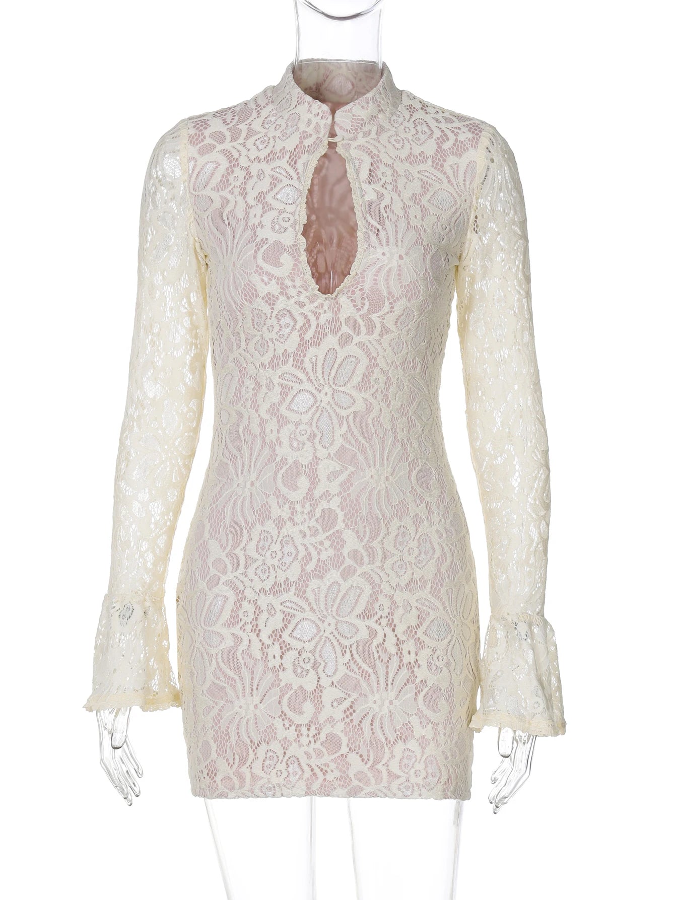 Hugcitar Turtleneck Long Flare Sleeve Patchwork Lace Hollow Out Button Sexy Mini Dress 2025 Spring Women Clothes Party Nightclub