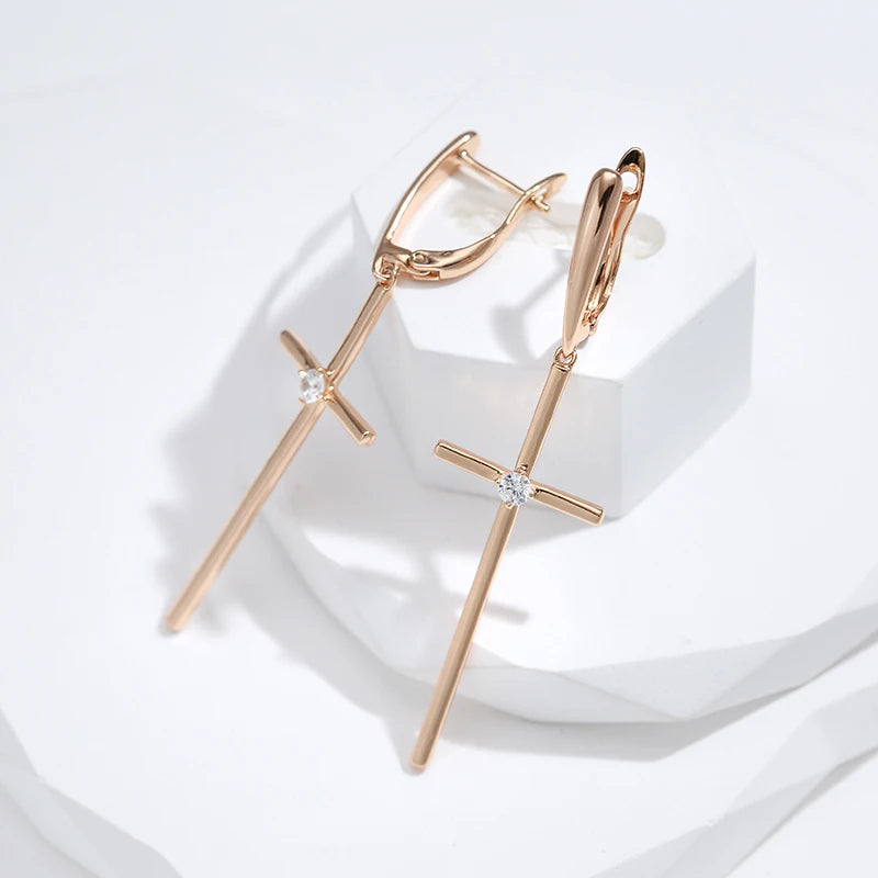 Kinel Hot 585 Rose Gold Color Glossy Cross Long Drop Earrings For Women Fashion Natural Zircon Accessories Religion Jewelry