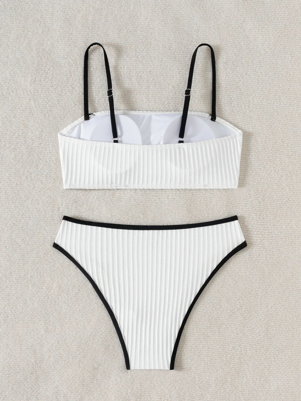 2025 Rib Piping Bandeau High-Rise Bottoms Bikini Set Trendy Beachwear Straight Neckline High Rise Swimwear Swimsuit Bathing Suit