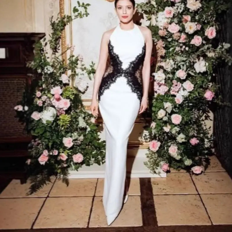 Elegant White Long Dress Women's Halter Backless Casual Black Lace Patchwork Slit Maxi Dresses Evening Party Cocktail Prom 2026