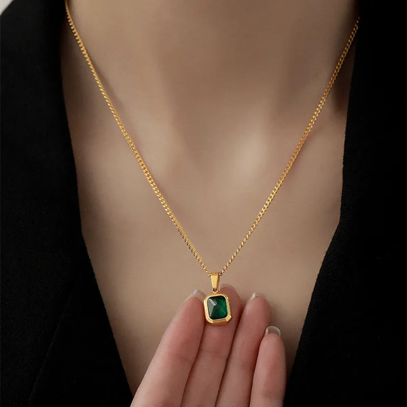 Fashion Retro Square Green Zircon Pendant Necklaces For Women Charm Necklace Girls Wedding Engagement Jewelry Gift