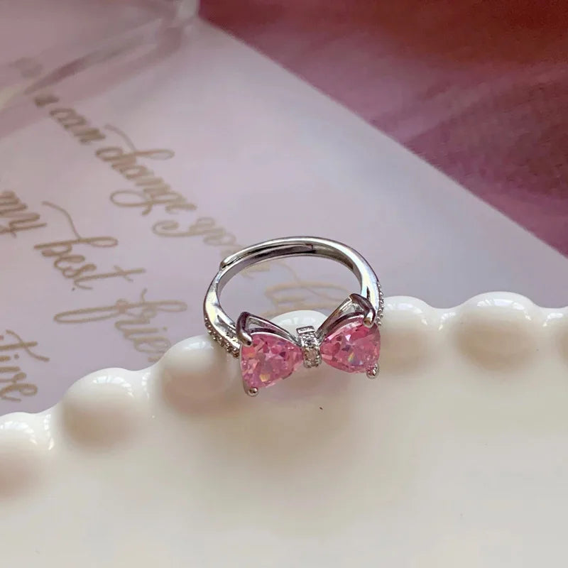 Fashion Romantic Pink Crystal Bowknot Rings Sweet Exquisite Y2K Opening Finger Ring Girls Birthday Party Jewelry Accessories