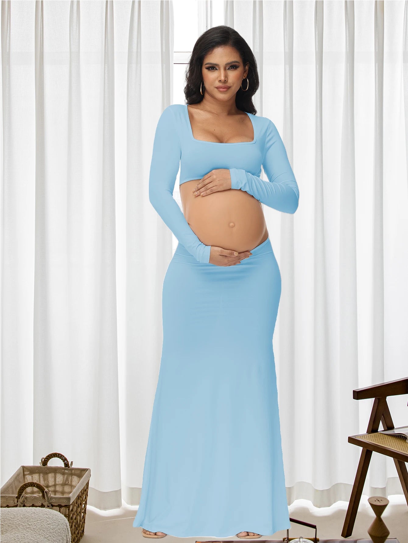 Maternity Sexy Bodycon Dresses Pregnant Photo Dress Square Neck Long Sleeve Wedding Party Pregnant Clothes