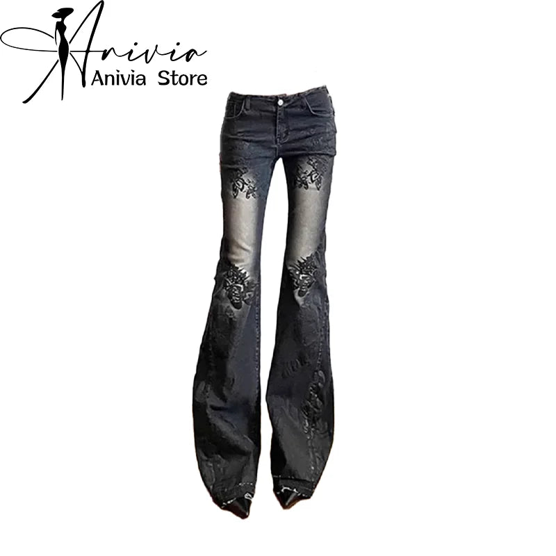 Women Gothic Y2k Flare Jeans Harajuku Baggy Denim Trousers 90s Aesthetic Low Waist Jean Pants Vintage 2000s Trashy Clothes 2024
