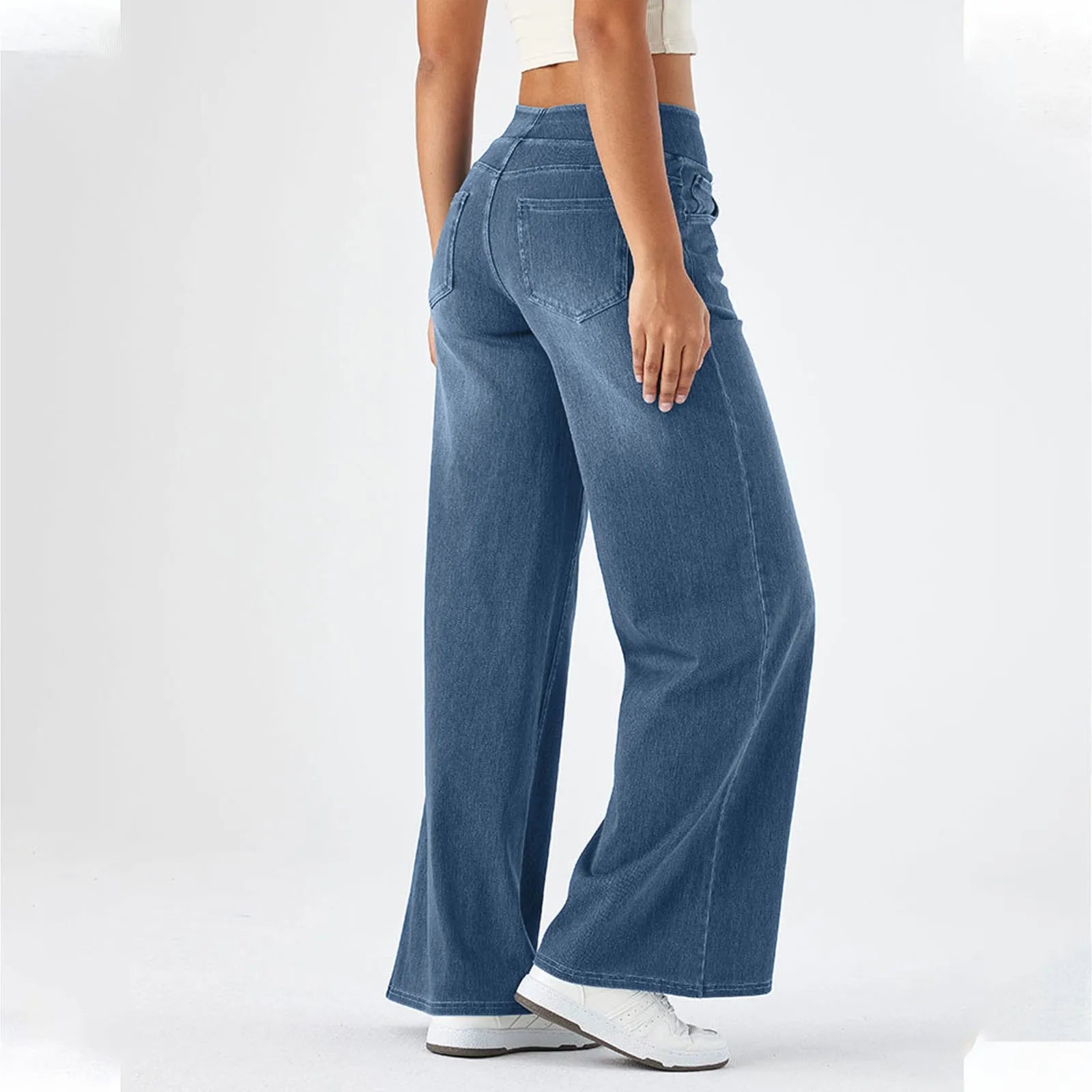 Baggy Jeans Women Pull On Wide Leg Jeans With Elastic Waistband High Waist Stretch Wide Leg Jeans Women With 4 Pockets