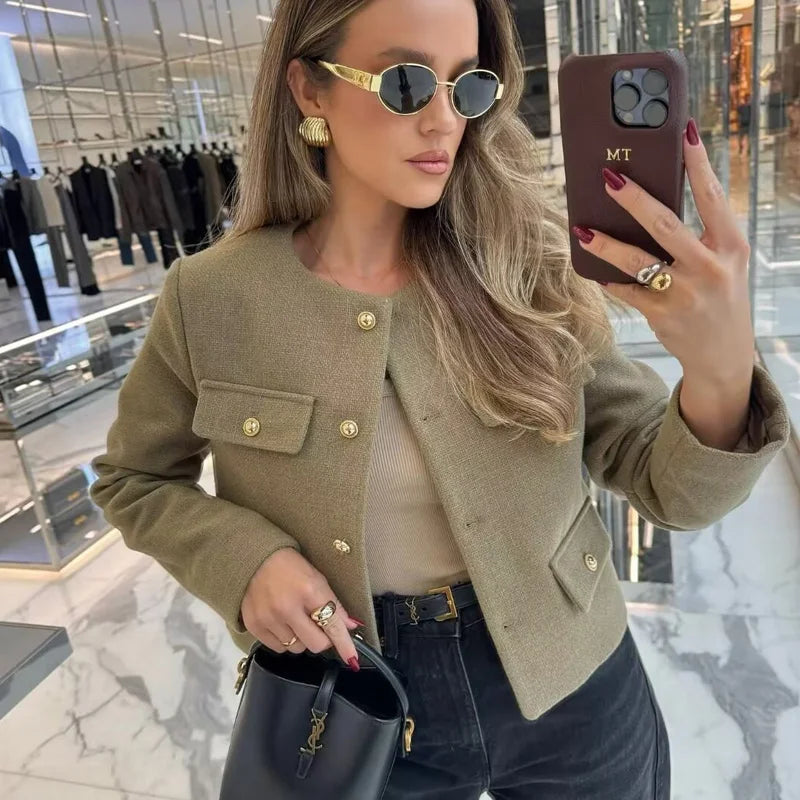 HXAO Woman Outerwears Autumn Long Sleeve Cropped Jacket For Women Winter Button Demi-Season Short Coats Elegant Women's Coat