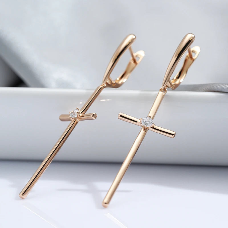 Kinel Hot 585 Rose Gold Color Glossy Cross Long Drop Earrings For Women Fashion Natural Zircon Accessories Religion Jewelry