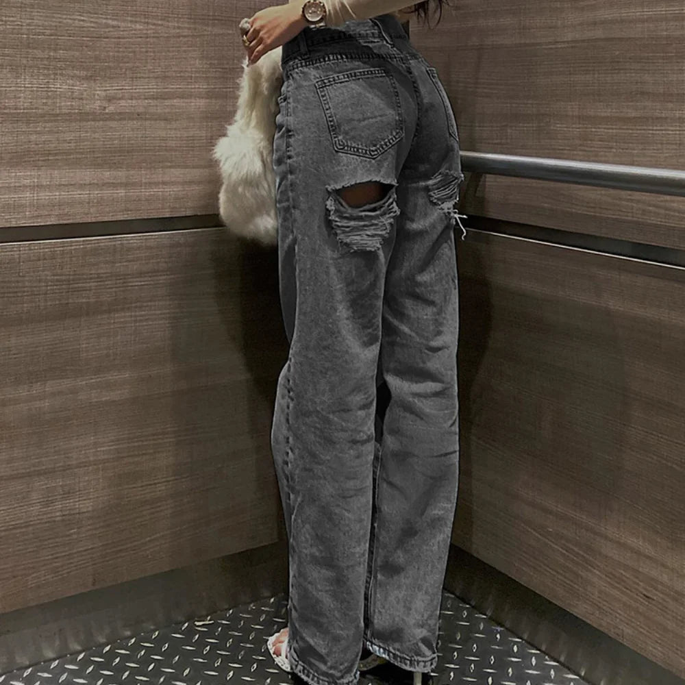 Women's Jeans Trend High-Waisted Distressed Skinny Straight-Leg Jeans Solid Color Distressed Finish Button-Fly Zipper Trousers