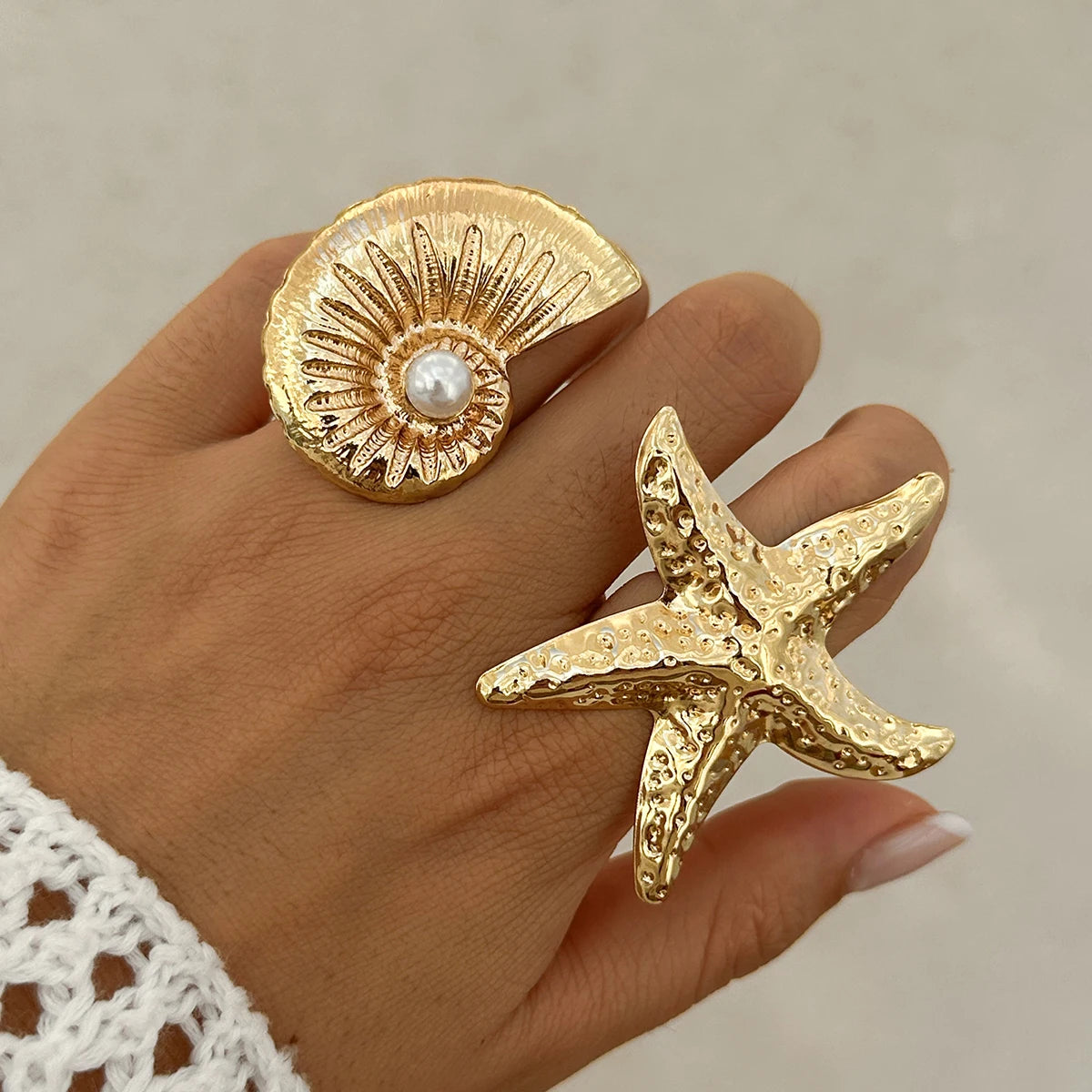 PuRui Trend Exaggerated Gold Color Big Starfish Conch Rings for Women Creative Punk Finger Ring Statement Party Banquet Jewelry