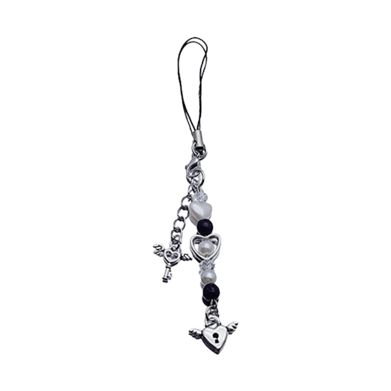 Phone Charm Strap Y2K Keychain Kawaii-Cute Pendant Jewelry Keyring Lanyard String Black Cross-Bow Beaded Chain for Women Girl