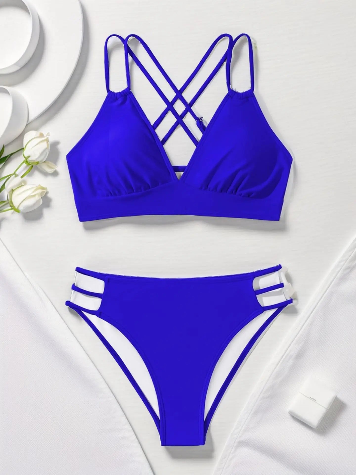 Solid Color Black Two Piece Swimsuit for Women Summer New High Waist Bikini Set Beach Vacation V-neck Backless Swimwear 2024