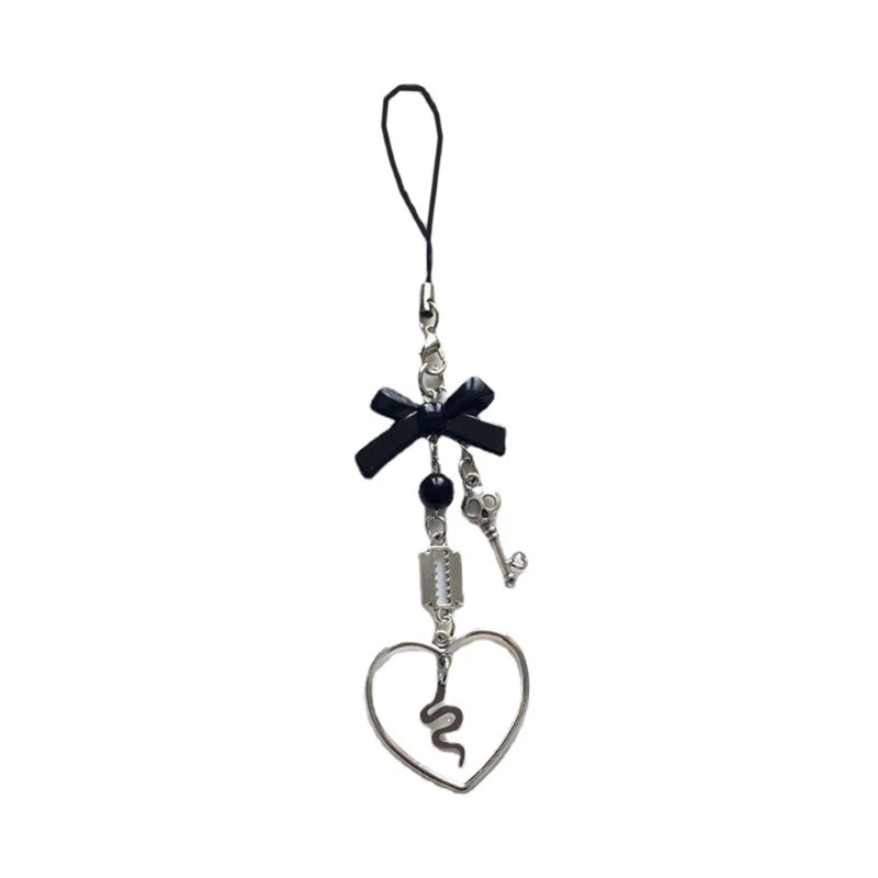 Phone Charm Strap Y2K Keychain Kawaii-Cute Pendant Jewelry Keyring Lanyard String Black Cross-Bow Beaded Chain for Women Girl