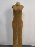 2026 Fall Diamonds Hot Rhinestones O-neck Women Sleeveless Bodycon Long Dress Birthday Party Evening Prom Maxi Dresses