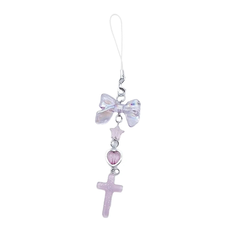 Phone Charm Strap Y2K Keychain Kawaii-Cute Pendant Jewelry Keyring Lanyard String Black Cross-Bow Beaded Chain for Women Girl