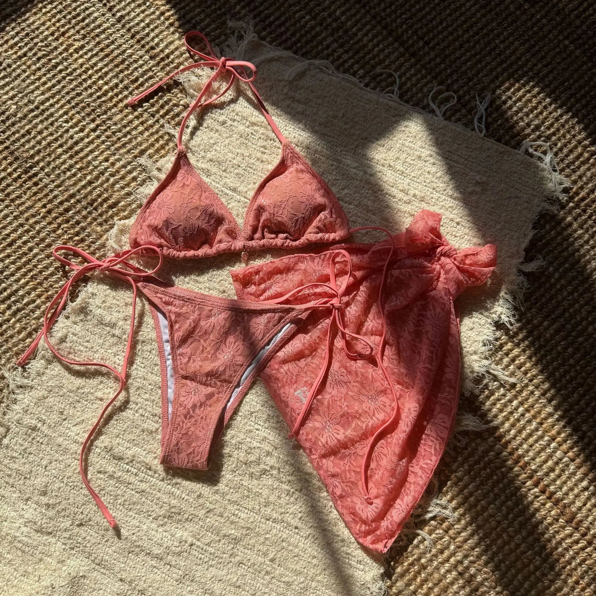 Sexy 3 Piece Lace Bikini Sets Women Swimwear with Lace Pants Micro Swimsuit Beachwear Bathing Suit